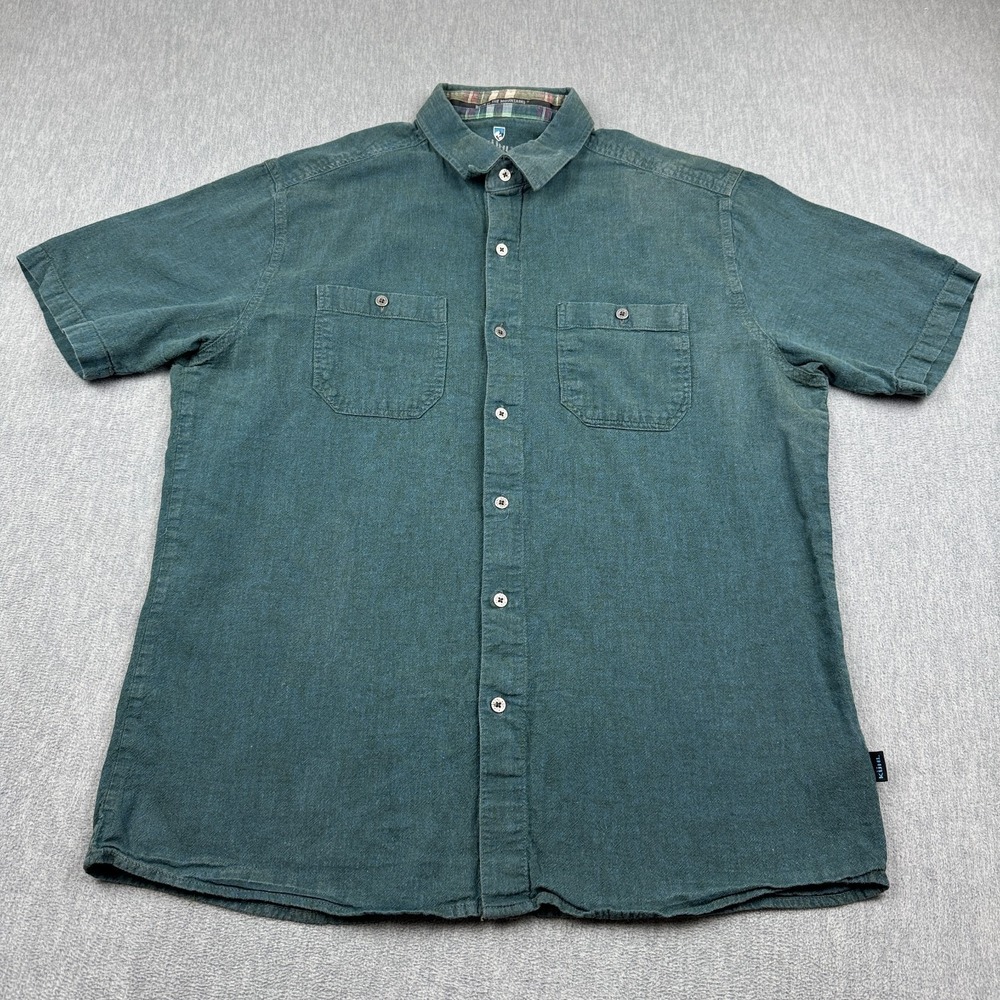 Kuhl Shirt Men Large Green Chambray Linen Blend Button Up Hiking Outdoors Casual